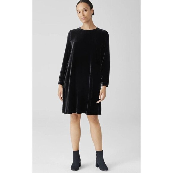 New Eileen Fisher Velvet Crew Neck Knee Length Holiday Dress Black Sz XS - Picture 1 of 10
